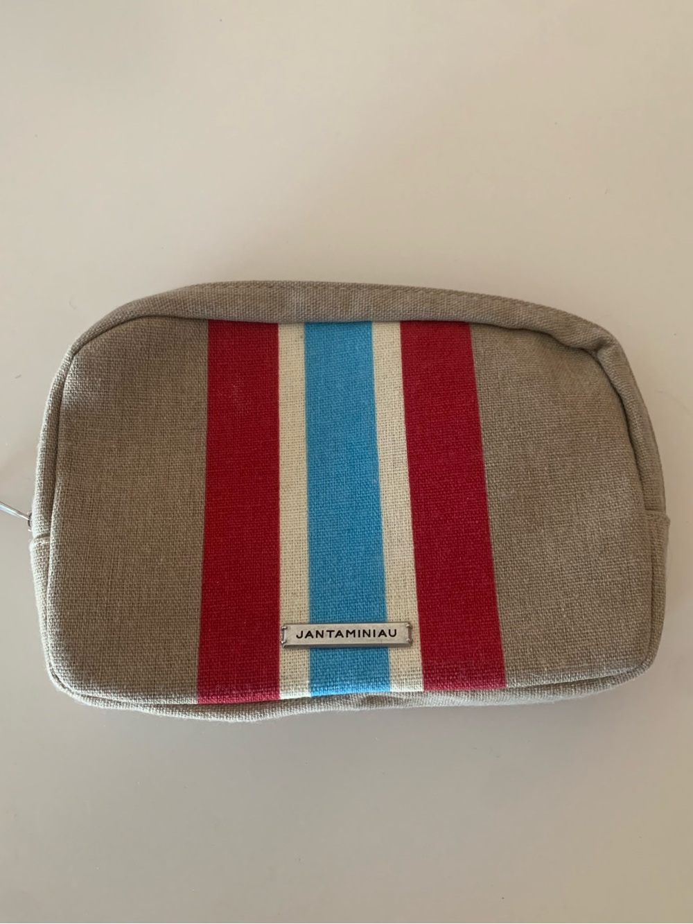 Jantaminiau Beige Canvas Toiletry Bag with Red & Blue Stripe Accents